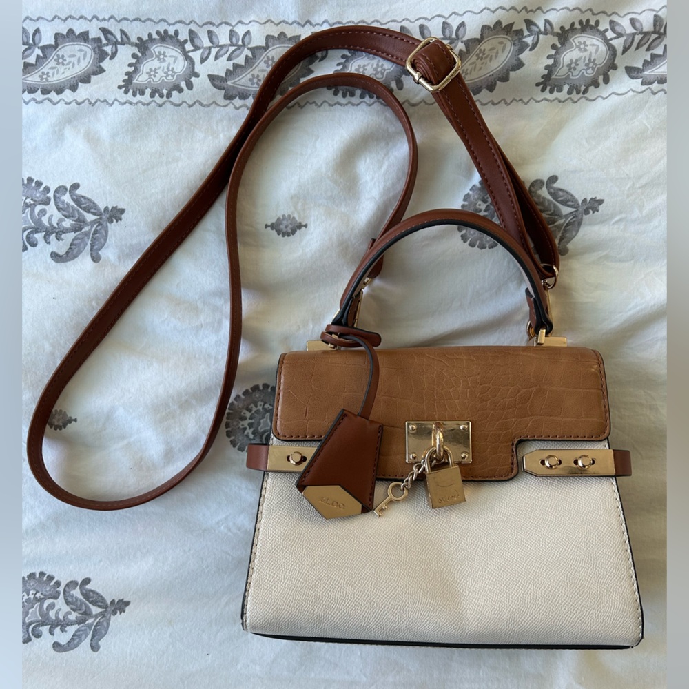 Aldo white and tan crossbody bag with gold details